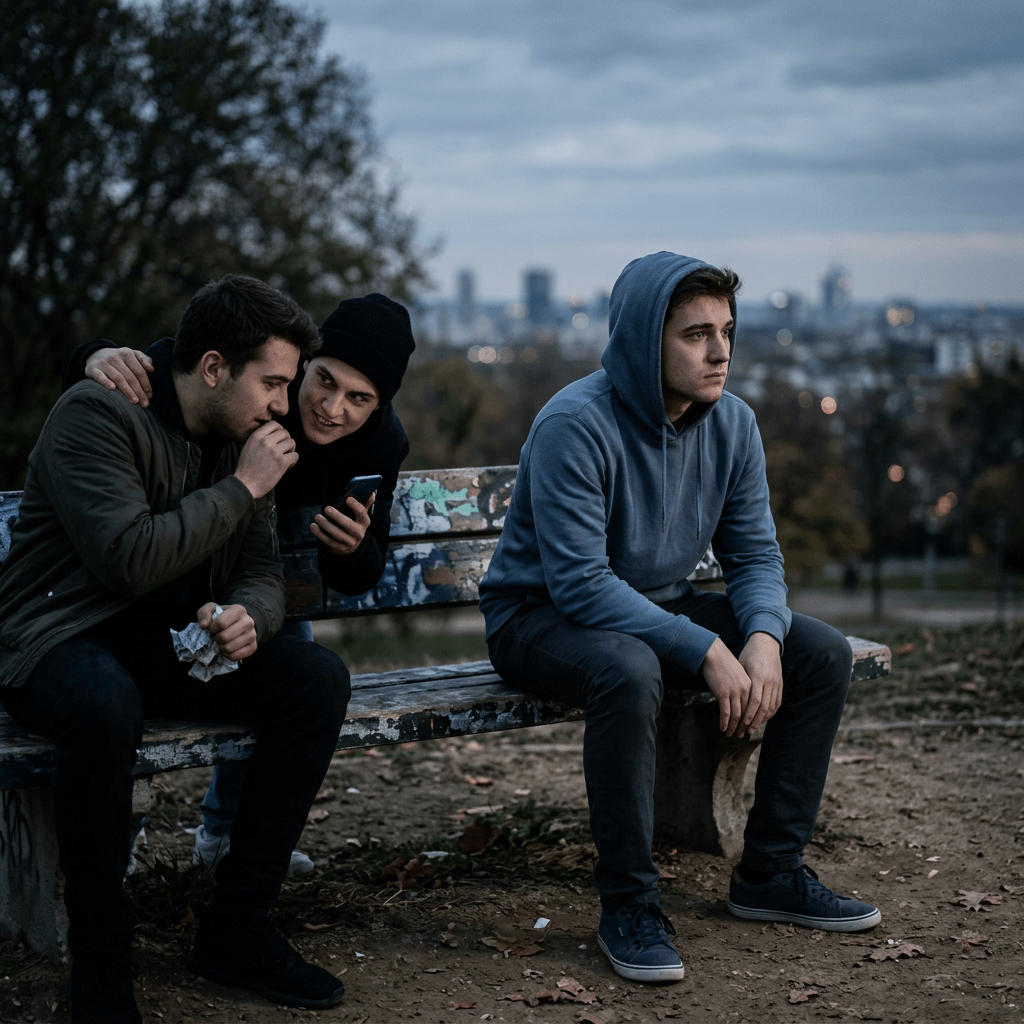 Two teenagers whispering and laughing while a third teen looks away sitting on a bench outdoors