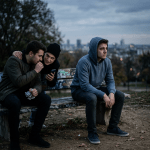 Two teenagers whispering and laughing while a third teen looks away sitting on a bench outdoors
