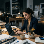Woman working late at office desk with laptop, wilted plant, and coffee cup