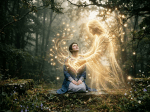 A woman sitting calmly on a moss-covered stone in a forest with a glowing ethereal figure touching her heart.
